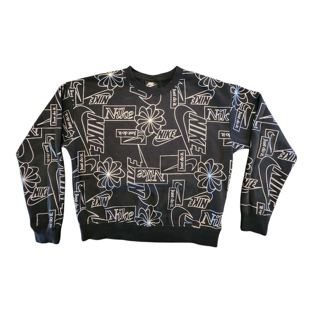 Nike Women's Icon Clash Black Silver Fleece Crop Crew Pullover DM1743-010 Small